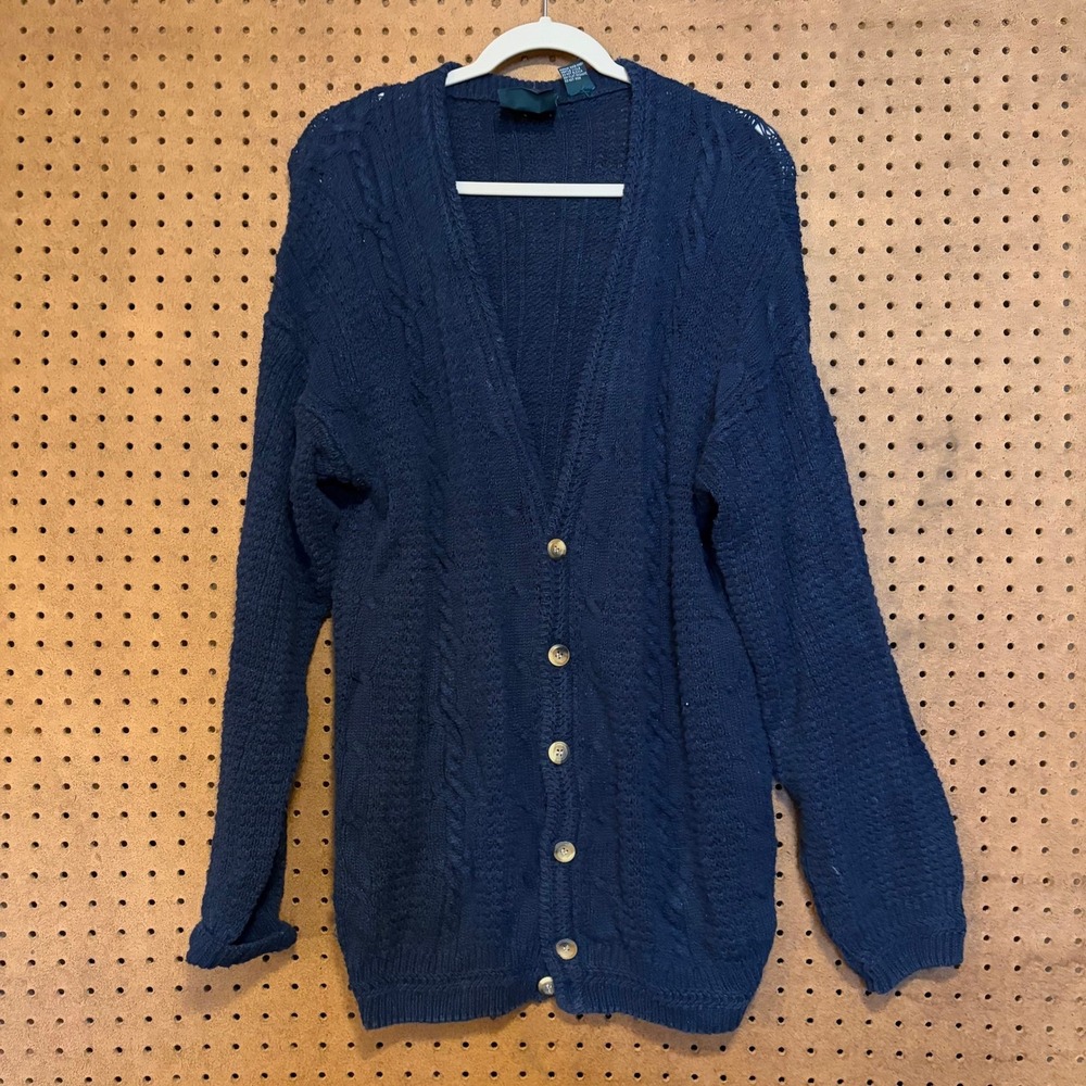 Harbor Bay Navy Blue Knit Cardigan Sweater XLT Tall Cotton Grandpa Preppy FLAW